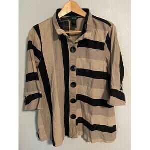 Ali Miles Jacket Womens Petite Large Tan Black Striped Button Front Cotton Artsy